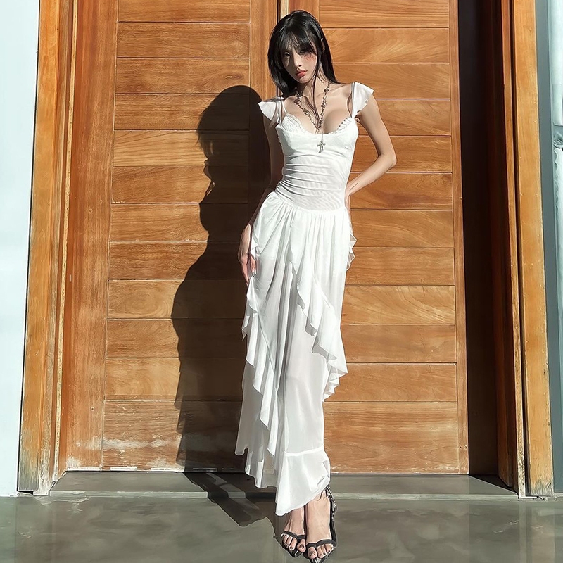 Weird Puss Lạ Puss Thanh Lịch Ngọt Ngào Đầm Maxi Sling Off Tay Skinny Chắc Chắn Hình Dạng Không Đều Váy Mùa Hè Không Khí Phong Cách Đa Năng 2024 Mùa Hè Nữ Nóng Mới
