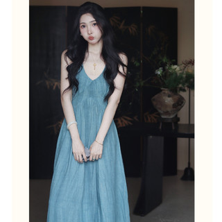 Tiệc Đảng Pháp Váy Dài Cổ Halterneck Xanh Gợi Cảm Cho Nữ Slim-fit Eo Hẹp Thiết Kế Cao Cấp Không Tay Váy Chữ A Chiều Dài Giữa
