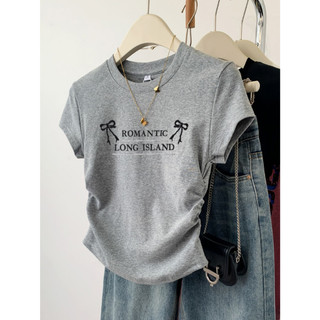  Ethelgirl Thời Trang Hàn Quốc Side Fold Slim "Nơ" In Hình Áo Thun Nữ Quần Áo Cơ Bản Top