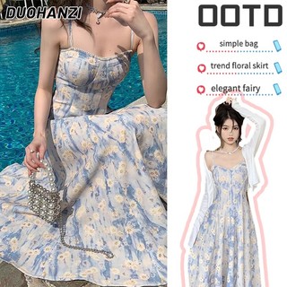 Duohanzi Tranh sơn dầu xanh Pháp, váy dài, váy đi biển, váy treo hoa vỡ, khí chất bất tử mùa hè dành cho nữ, cảm giác cao cấp.