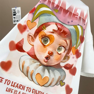 Áo thun trắng Pink Love Girl Áo thun nữ cổ tròn mới đa năng 100% cotton