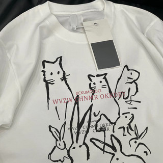 Áo thun trắng họa tiết thỏ mèo Áo thun nữ cổ tròn mới đa năng hàng đầu 100% cotton