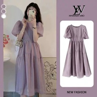 Minimalist Labo  Đầm chiffon Tay Phồng Màu Trơn Phong Cách Hàn Quốc Thời Trang Cho Nữ