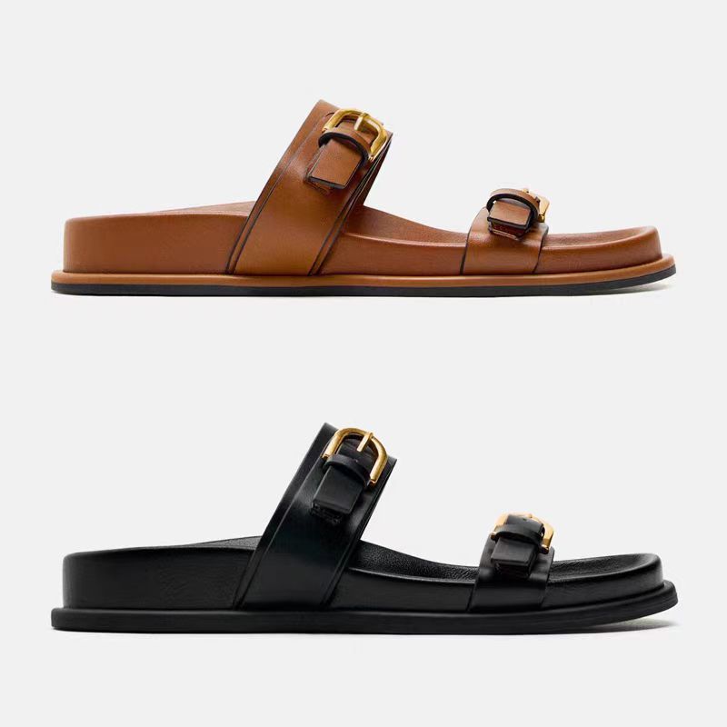 Zara2024 Xuân Hè Sản Phẩm Mới TRF Giày Nữ Da Nâu Thắt Lưng Khóa Giày Sandal Trang Trí Phong Cách Anh Dép Dép Dép