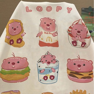 Phong cách Hàn Quốc LOOPY burger họa tiết áo thun mơ Áo thun nữ cổ tròn mới đa năng hàng đầu 100% cotton