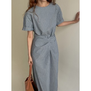 Hành quân | Hàn Quốc INS Dongdaemun Pháp Retro Niche Thiết Kế Sọc Thắt Nút Ren Sang Trọng Đầm Dài