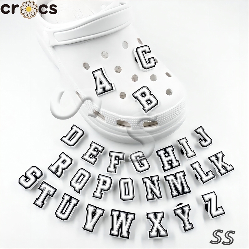 Cross Jibbicz Miếng Dán Quyến Rũ A-Z Chữ Và Số Dép Dán Phụ Kiện Giày Đen Trắng Chữ Miếng Dán Cross 26 Chữ Cái PVC Nút Trang Trí Dép