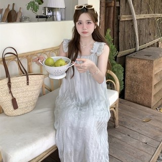 NZN Váy trơn cổ vuông khu nghỉ mát midi phong cách Hàn Quốc