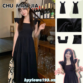 Chu MAN JIA Nữ Dây Đeo Cổ Vuông Chữ A Thiết Kế Thời Trang Tay Bay Nhỏ Phong Cách Hepburn Slim Little Black Dress