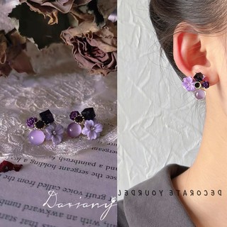 Kim bạc Triều Tiên in Purple Diamond Opal Flower Earrings Fairy Sweet Ret