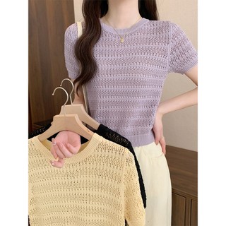 Mùa Hè Hot Girl Ice Silk Áo Thun Nữ Tay Ngắn 2024 Phong Cách Mới Phù Hợp Với Rỗng Đan Áo Len Rời