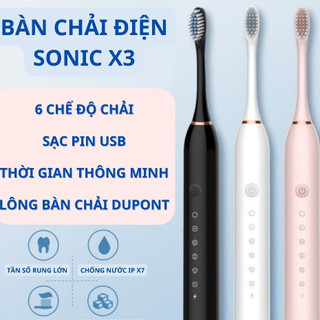 Bàn chải đánh răng điện sonic X3 chính hãng, công nghệ sóng âm chống nước 6 chế độ, miễn phí 4 đầu cọ