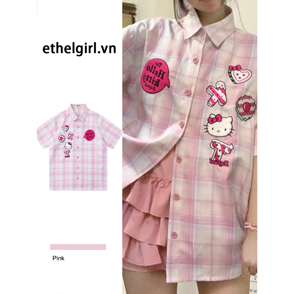 Ethelgirl Thời trang Hàn Quốc Retro Hồng "Hello Kitty" "Cinnamoroll" Áo sơ mi ca rô ngắn tay Quần áo nữ hàng đầu