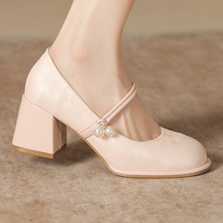 Mới Đầu Tròn Phiên Bản Hàn Quốc Mary Jane Giày Nữ Thời Trang Pháp Dày Gót Đế Dày Phổ Biến Màu Hồng Đơn Giày Nữ 34-40