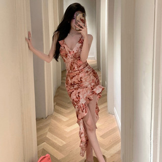 Tiệc Đảng Pháp Váy Dài Gợi Cảm Hoa Sling Nữ Slim-fit Hẹp Thiết Kế Cao Cấp Không Tay Cổ Chữ V X Xù Không Đều Dài Vừa Viền Voan In Hình