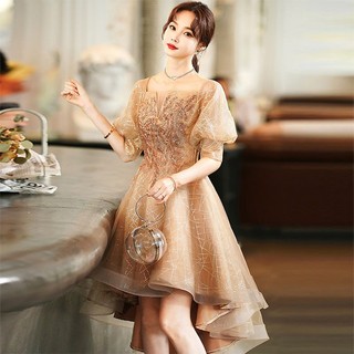 Champagne Bầu Trời Đầy Sao Tiệc Đầm Dạ Hội Cổ Tích Tính Khí Kim Sa Lấp Lánh Ngắn Trước Dài Lưng Phù Dâu Váy Ăn Tối Choàng