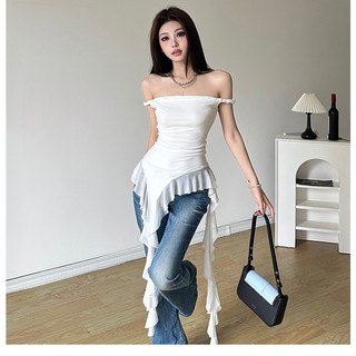 Cutenew Không Đều Xù Edge Off Vai Tank Top Nữ Mùa Hè Thanh Lịch Lưng Slim Fit Đa Năng Hàn Quốc Top