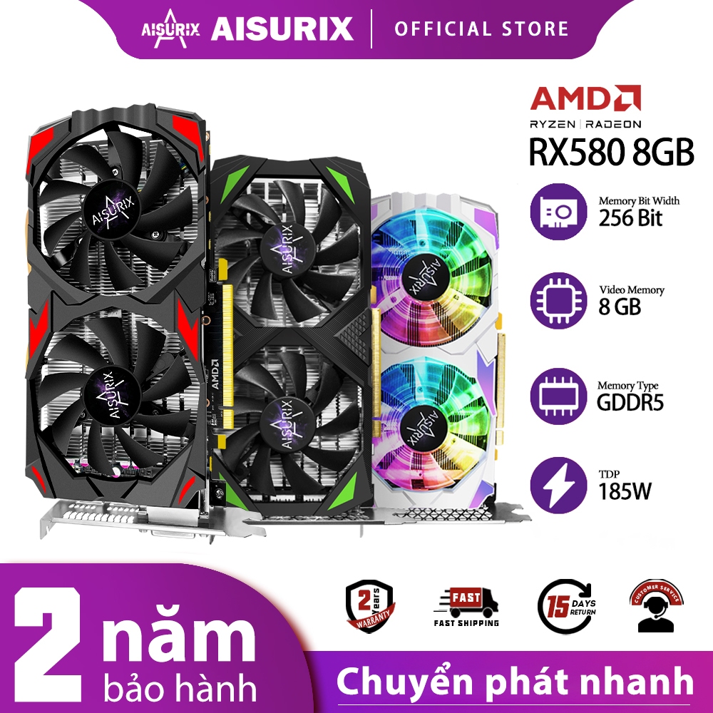 AMD Aisurix Thẻ Đồ Họa Chơi Game gpu gddr5 256bit vga rx 580 8gb 100%