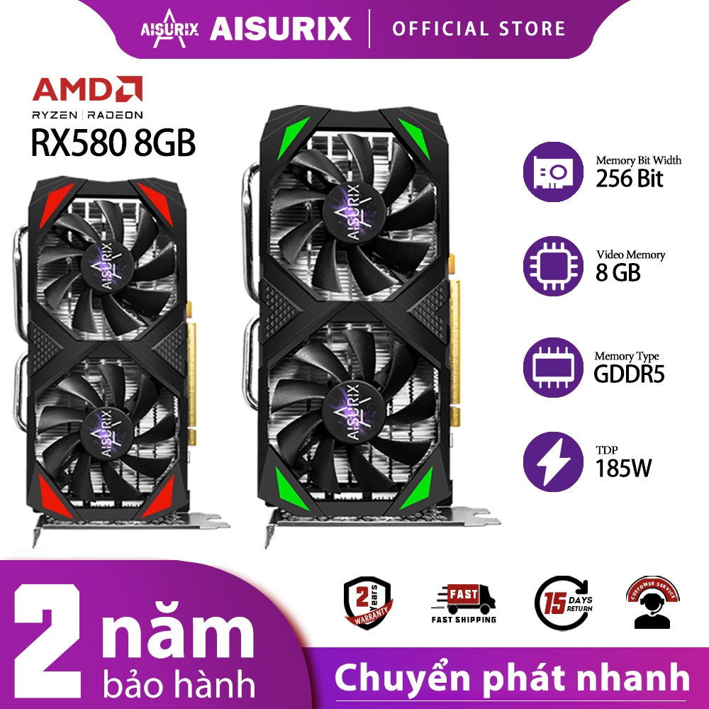 Aisurix RX580 8GB Card Đồ Họa Máy Tính GPU Radeon AMD Card Video Cho Chơi Game Văn Phòng Làm Việc RX580 2048sp GDDR5 256Bit 6Pin