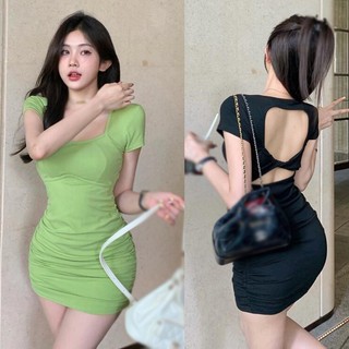 Đầm Nữ Mùa Hè Màu Trơn Cổ Vuông Ôm Gợi Cảm Không Lưng Tay Ngắn Có Miếng Lót Ngực