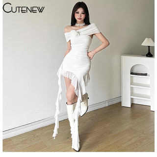 Cutenew Thanh Lịch Tắt Vai Mini Đầm Nữ Tua Rua Không Đều Đảng Bodycon Váy Ngắn Mùa Hè 2024