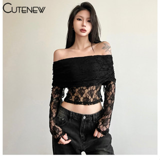 Cutenew Gợi Cảm Tắt Vai Áo Thun Nữ 2024 Cơ Bản Hàn Quốc Ren Chắp Vá Dài Tay Crop Top