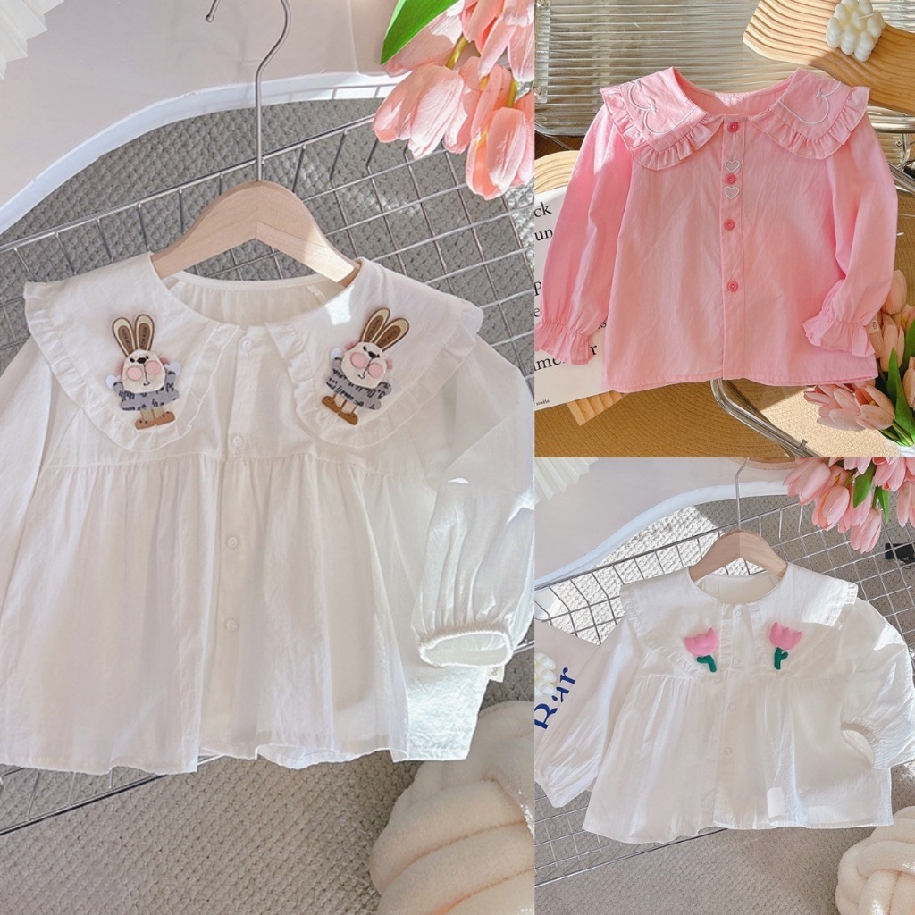 Áo Thun cotton Tay Xòe Thêu Hoa 3d Thời Trang Hàn Quốc Cho Bé Gái 2-7 Tuổi