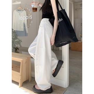 「MOTEL7」Quần jean ống rộng dáng rộng màu trắng Mỹ dành cho mọi trận đấu mùa hè Quần ống thẳng cạp cao Quần lót sàn