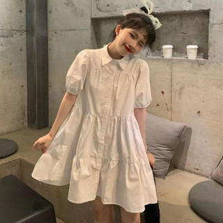 Đầm tay phồng mùa hè màu trắng dáng rộng Hàn Quốc Váy học sinh