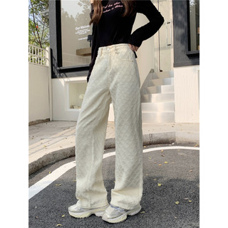 NUZIRO Quần jean jacquard mới màu trắng dáng rộng dành cho nữ đầu xuân, quần ống thẳng lưng cao, quần ống rộng lau sàn, quần dài