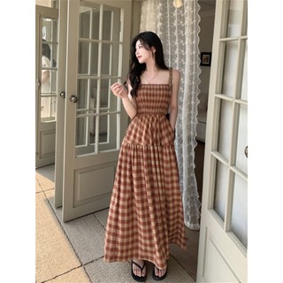 QKOOLE Đầm dây thắt lưng ca rô khối màu mới của Hàn Quốc dành cho nữ