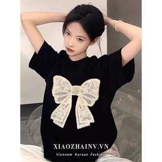 QKOOLE Áo thun nữ cổ tròn in hình nơ ngắn tay màu trơn phong cách Hàn Quốc mới