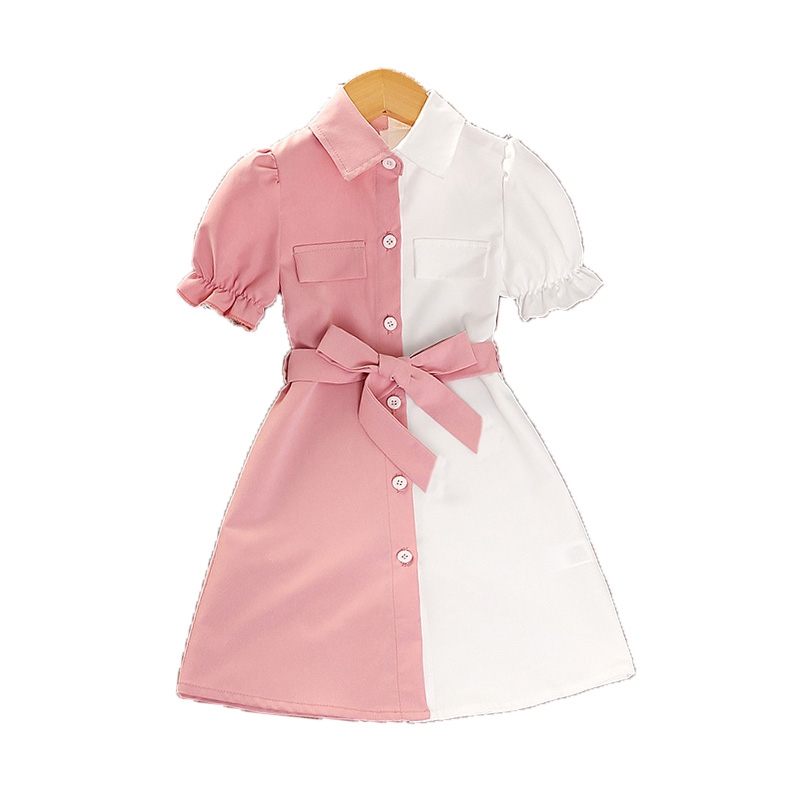 Đầm SIYYIS tay ngắn cài nút màu trắng hồng phong cách Hàn Quốc cho bé gái 4-7 tuổi
