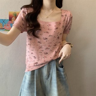 NZN Áo crop top cổ vuông và vai nữ thời trang Hàn Quốc, áo thun dệt kim ngắn tay hoa
