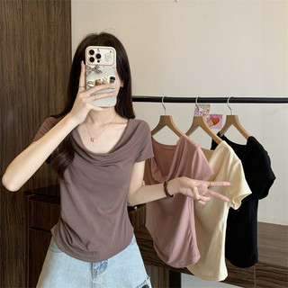NZN Mùa hè mới phiên bản Hàn Quốc màu trơn cổ cọc thẳng vai áo thun ngắn tay mỏng hàng đầu nữ