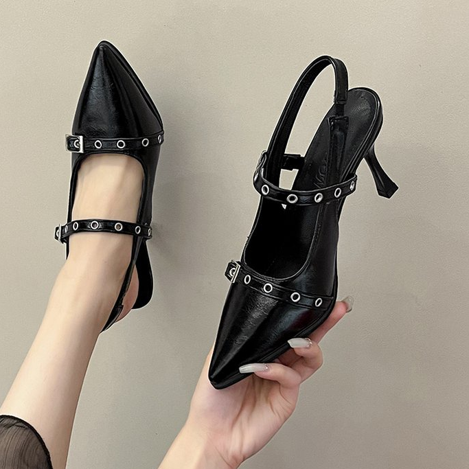 Thời trang Hàn Quốc kinh doanh màu đen nhọn giày cao gót gót chân mịn sandal một chữ khóa PU mid gót sandal nữ