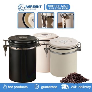 JAERSENT Hộp đựng cà phê chuyên dụng-Lớp lót inox 304, thìa inox, có ngày lưu trữ, van xả CO2 1500ML 1800ML