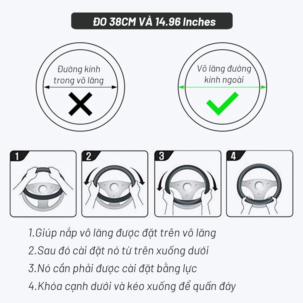 SuperAuto Bao Da Bọc Vô Lăng Xe Ô Tô Cỡ 37-38CM Bọc Vô Lăng Xe Hơi Phụ KiệN Trang Trí Ô Tô