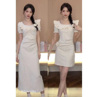 Phiên Bản Hàn Quốc Thời Trang Thường Ngày Skinny Đầm Nữ Slim-fit Nhà Co Giãn Ren Khâu Cổ Tròn Tay Ngắn