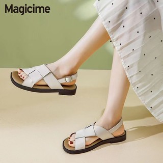 Magicime Giày Sandal  Flat All-Match 2024 Phong Cách Mới Mùa Hè Sinh Viên Da Thật