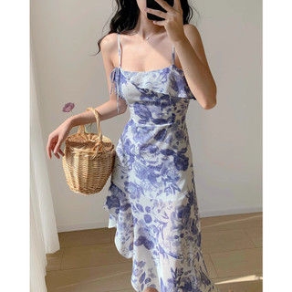 Váy một mảnh siêu cổ tích kiểu Pháp Retro Ruffled Slanted Đầm ren hoa Dây đeo vai mỏng Boxer Sling Váy dài bé gái Đảo mùa hè Váy nghỉ mát cô gái Hot Girl Chiều dài vừa phải hẹp