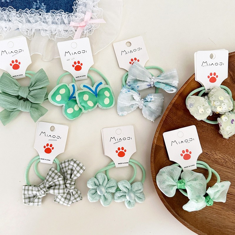 Bộ Dây Buộc Tóc Màu Xanh Dễ Thương Cho Bé Gái Phụ Kiện Thời Trang Nơ Hoa Đôi Đuôi Ngựa Bím Tóc Trẻ E