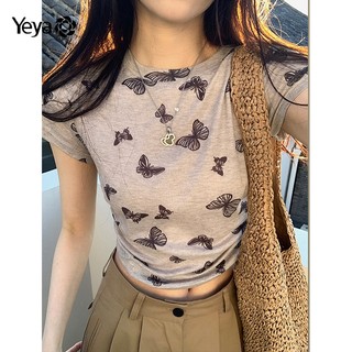Áo thun nữ in hình bướm YEYA xếp li ngắn Slim Fit rốn tay ngắn