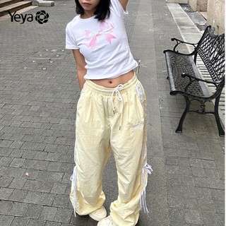 Yeya Nữ nơ màu quần thường ngày phong cách Mỹ Quần yếm thể thao dopamine quần ống rộng