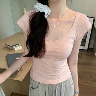 NUZIRO Áo thun ngắn tay cổ chữ U cổ tròn cổ thấp đa năng cotton dành cho nữ
