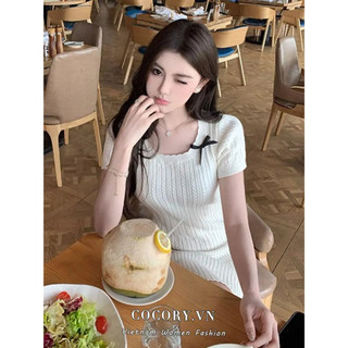 Cocorygirl Thời Trang Tất Cả Trận Đấu Gợi Cảm Ôm Cổ Tròn Nơ Tay Ngắn Chữ A Dệt Kim Quần Áo Nữ