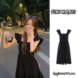 Pinxiang Nữ phong cách mới kiểu Pháp retro khí chất eo giảm béo cổ vuông treo váy