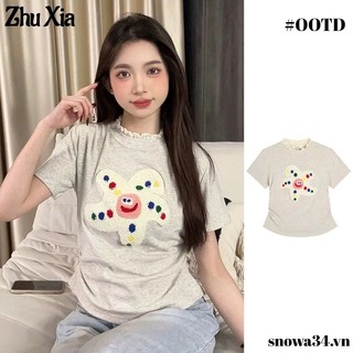 Zhu Xia Phiên bản Hàn Quốc của thời trang ren chắp vá hoạt hình thêu áo thun ngắn tay thiết kế áo thun ngắn