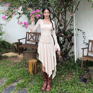 Cutenew Bất Đối Xứng Cắt Ruched Đầm Dài Nữ Xuân Hè Thanh Lịch Đa Năng Flare Tay Áo Bên Khe Ôm Phù Hợp Với Midi Đầm