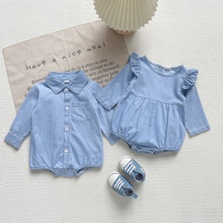 Set jumpsuit tay dài chất liệu denim màu trơn cho bé 0-18 tháng tuổi